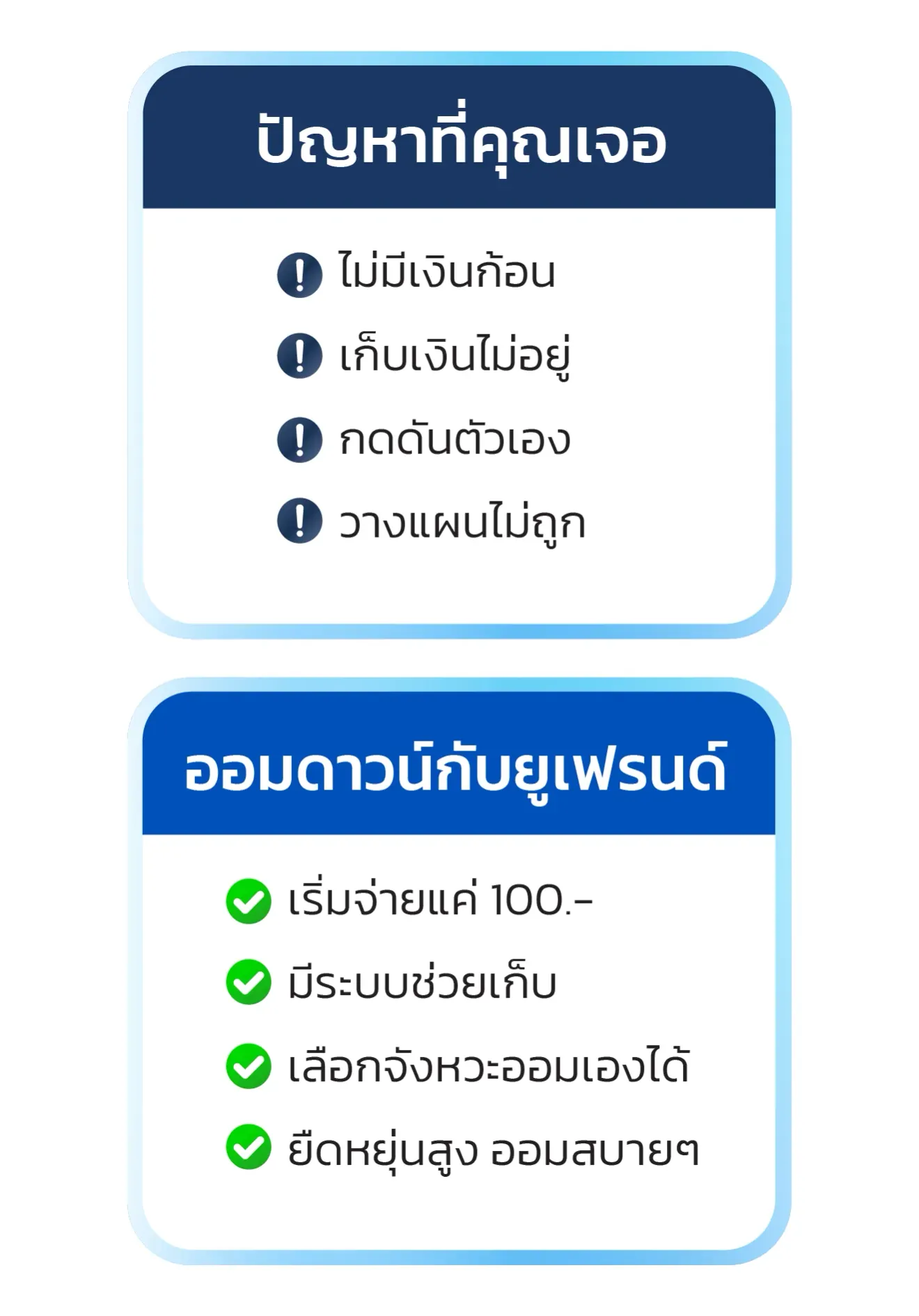 ปัญหาที่คุณเจอ: ไม่มีเงินก้อน เก็บเงินไม่อยู่ กดดันตัวเอง วางแผนไม่ถูก ออมดาวน์กับยูเฟรนด์: เริ่มจ่ายแค่ 100.- มีระบบช่วยเก็บ เลือกจังหวะออมเองได้ ยืดหยุ่นสูง ออมสบายๆ