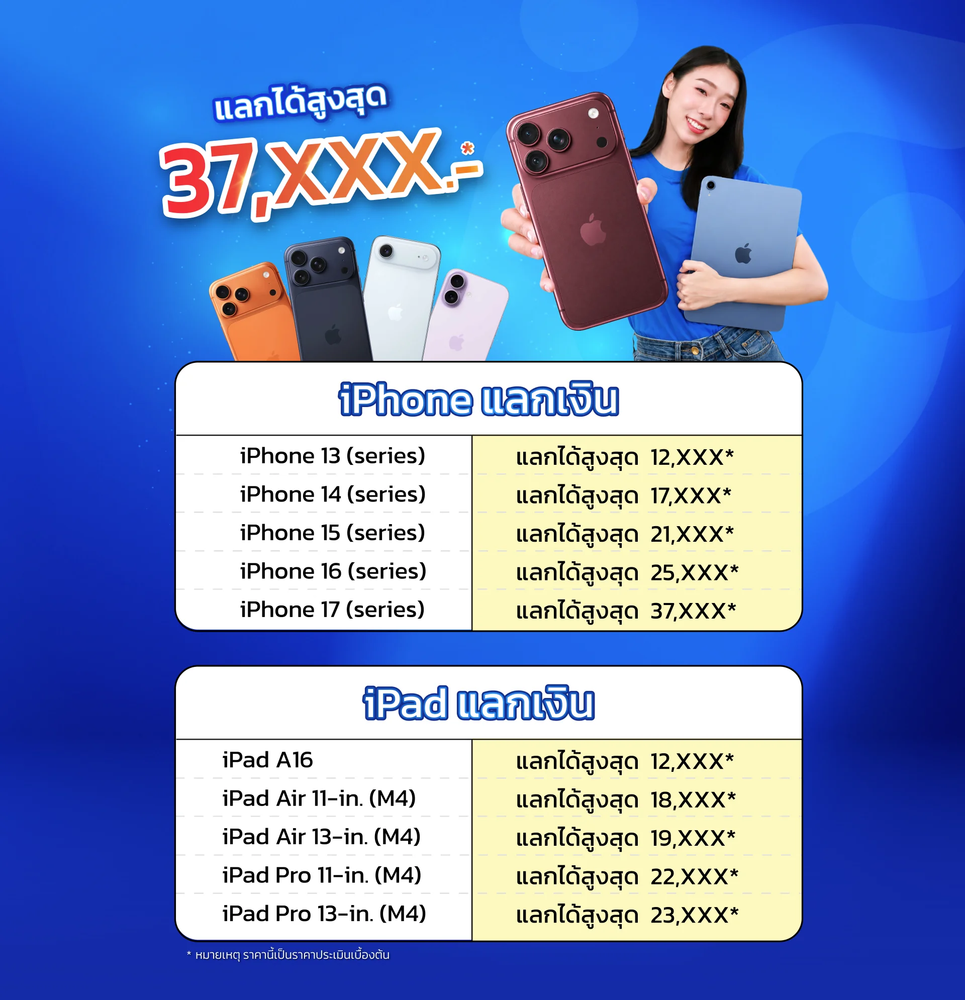 แลกได้สูงสุด 20,XXX.- iPhone แลกเงิน iPhone 13-17 series และ iPad แลกเงิน iPad A16, iPad Air, iPad Pro ราคานี้เป็นราคาประเมินเบื้องต้น