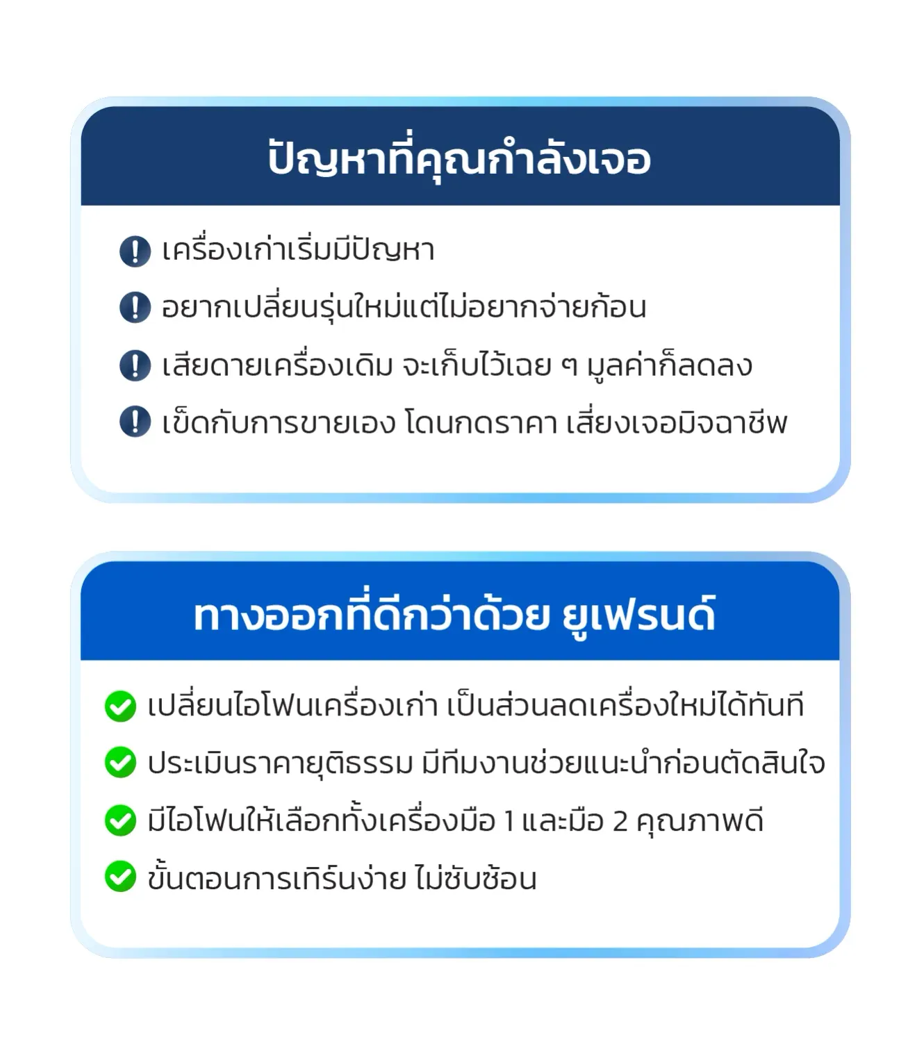 ปัญหาที่คุณกำลังเจอ เครื่องเก่าเริ่มมีปัญหา อยากเปลี่ยนรุ่นใหม่แต่ไม่อยากจ่ายก้อน เสียดายเครื่องเดิม จะเก็บไว้เฉย ๆ มูลค่าก็ลดลง เบ็ดกับการขายเอง โดนกดราคา เสี่ยงเจอมิจฉาชีพ ทางออกที่ดีกว่าด้วย ยูเฟรนด์ เปลี่ยนไอโฟนเครื่องเก่า เป็นส่วนลดเครื่องใหม่ได้ทันที ประเมินราคายุติธรรม มีทีมงานช่วยแนะนำก่อนตัดสินใจ มีไอโฟนให้เลือกทั้งเครื่องมือ 1 และมือ 2 คุณภาพดี ขั้นตอนการเทิร์นง่าย ไม่ซับซ้อน