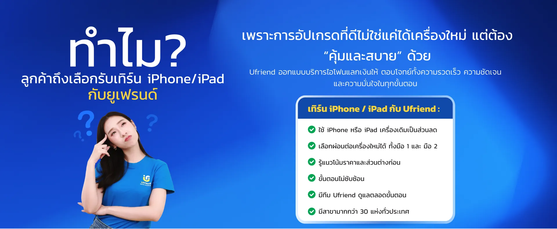 ทำไม? ลูกค้าถึงเลือกรับเทิร์น iPhone/iPad กับยูเฟรนด์ เพราะการอัปเกรดที่ดีไม่ใช่แค่ได้เครื่องใหม่ แต่ต้อง "คุ้มและสบาย" ด้วย Ufriend ออกแบบบริการไอโฟนแลกเงินให้ ตอบโจทย์ทั้งความรวดเร็ว ความชัดเจน และความมั่นใจในทุกขั้นตอน เทิร์น iPhone / iPad กับ Ufriend : ใช้ iPhone หรือ iPad เครื่องเดิมเป็นส่วนลด เลือกผ่อนต่อเครื่องใหม่ได้ ทั้งมือ 1 และ มือ 2 รู้แนวโน้มราคาและส่วนต่างก่อน ขั้นตอนไม่ซับซ้อน มีทีม Ufriend ดูแลตลอดขั้นตอน มีสาขามากกว่า 30 แห่งทั่วประเทศ